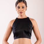 Black Close Neck Sleeveless Blouse in Cotton Silk with Back Closure - Anvi Couture