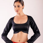 Black Cotton Silk Full Sleeve Blouse with Round Neck and Back Closure - Anvi Couture