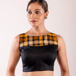 Black Boat Neck Blouse in Cotton Silk with Yellow and Black Check Detailing - Anvi Couture