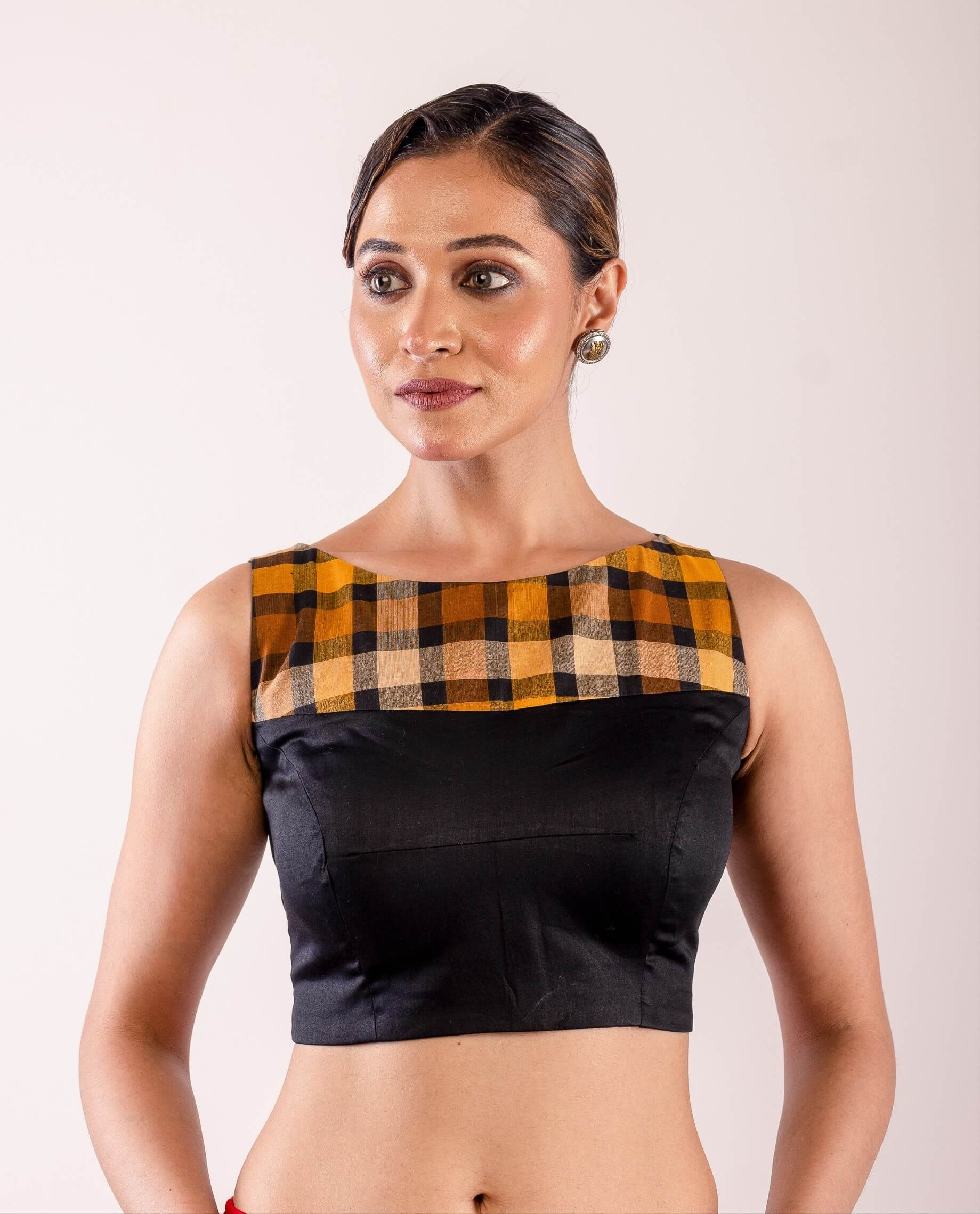 Black Boat Neck Blouse in Cotton Silk with Yellow and Black Check Detailing - Anvi Couture