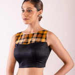 Black Boat Neck Blouse in Cotton Silk with Yellow and Black Check Detailing - Anvi Couture