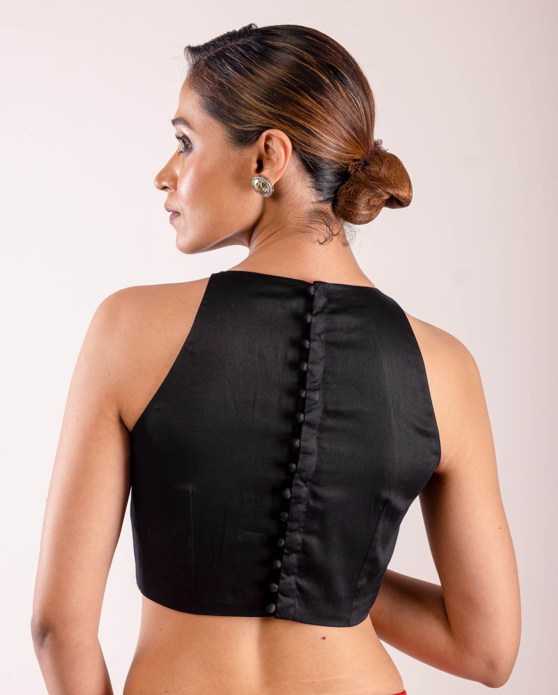 Black Close Neck Sleeveless Blouse in Cotton Silk with Back Closure - Anvi Couture