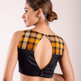 Black Boat Neck Blouse in Cotton Silk with Yellow and Black Check Detailing - Anvi Couture