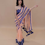 Peach and Blue Georgette Designer Saree with Coin Sequin work, Gota Patti Embroidered Blouse and Tassel Pallu - Anvi Couture