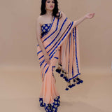 Peach and Blue Georgette Designer Saree with Coin Sequin work, Gota Patti Embroidered Blouse and Tassel Pallu - Anvi Couture