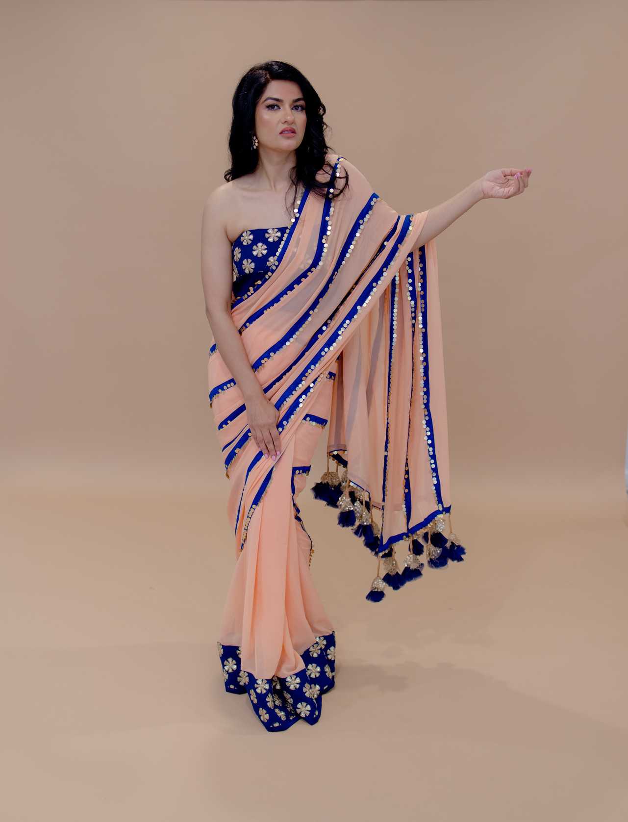 Peach and Blue Georgette Designer Saree with Coin Sequin work, Gota Patti Embroidered Blouse and Tassel Pallu - Anvi Couture