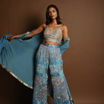 Blue Cape Set with Embroidered Crop Top and Printed Palazzo - Anvi Couture