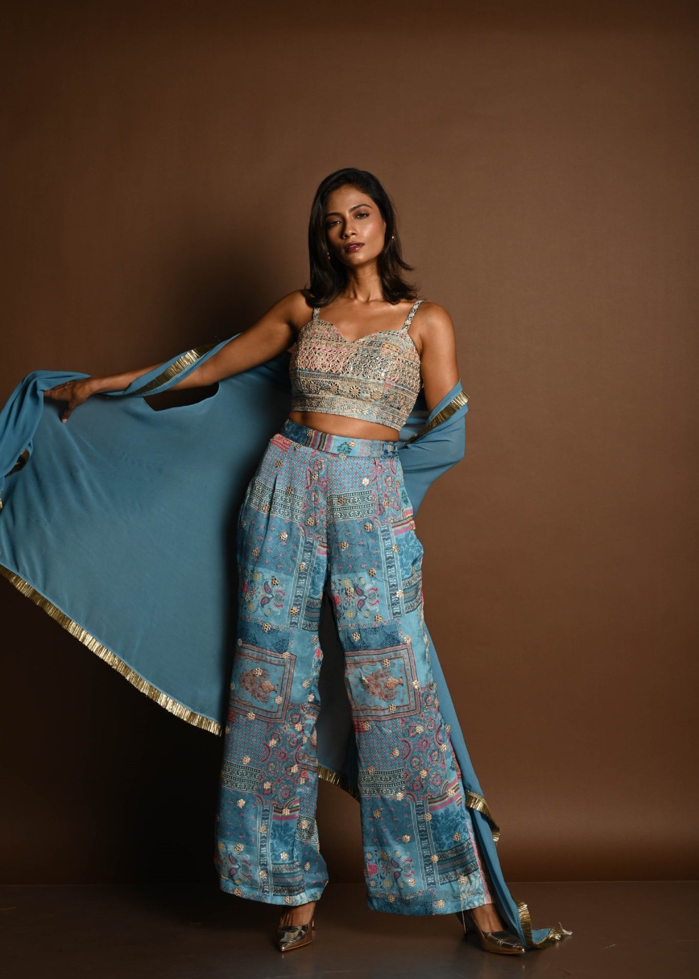 Blue Cape Set with Embroidered Crop Top and Printed Palazzo - Anvi Couture