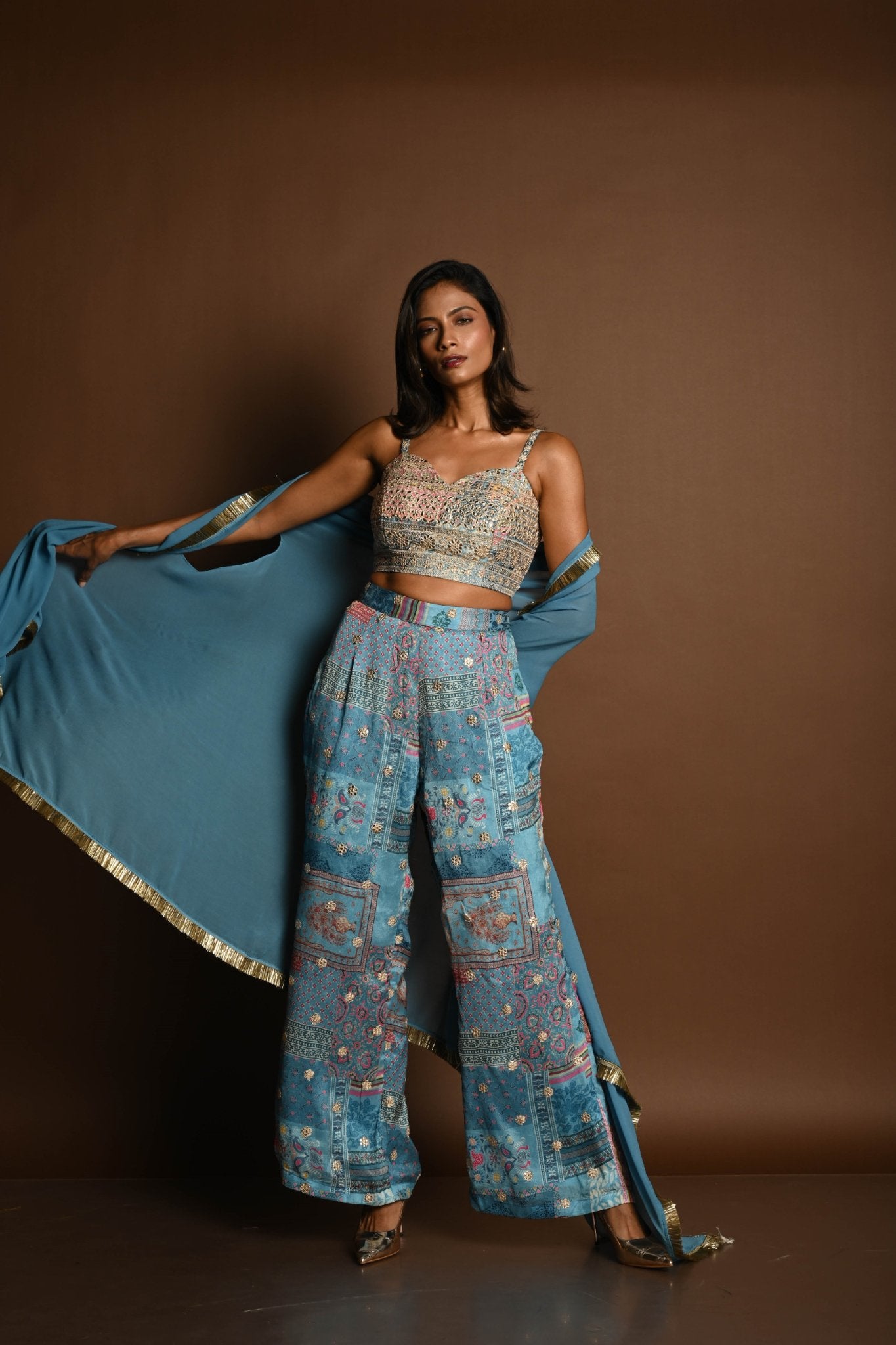 Blue Cape Set with Embroidered Crop Top and Printed Palazzo - Anvi Couture