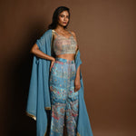 Blue Cape Set with Embroidered Crop Top and Printed Palazzo - Anvi Couture