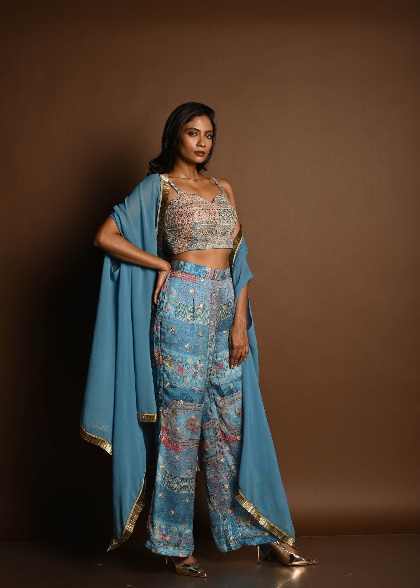 Blue Cape Set with Embroidered Crop Top and Printed Palazzo - Anvi Couture