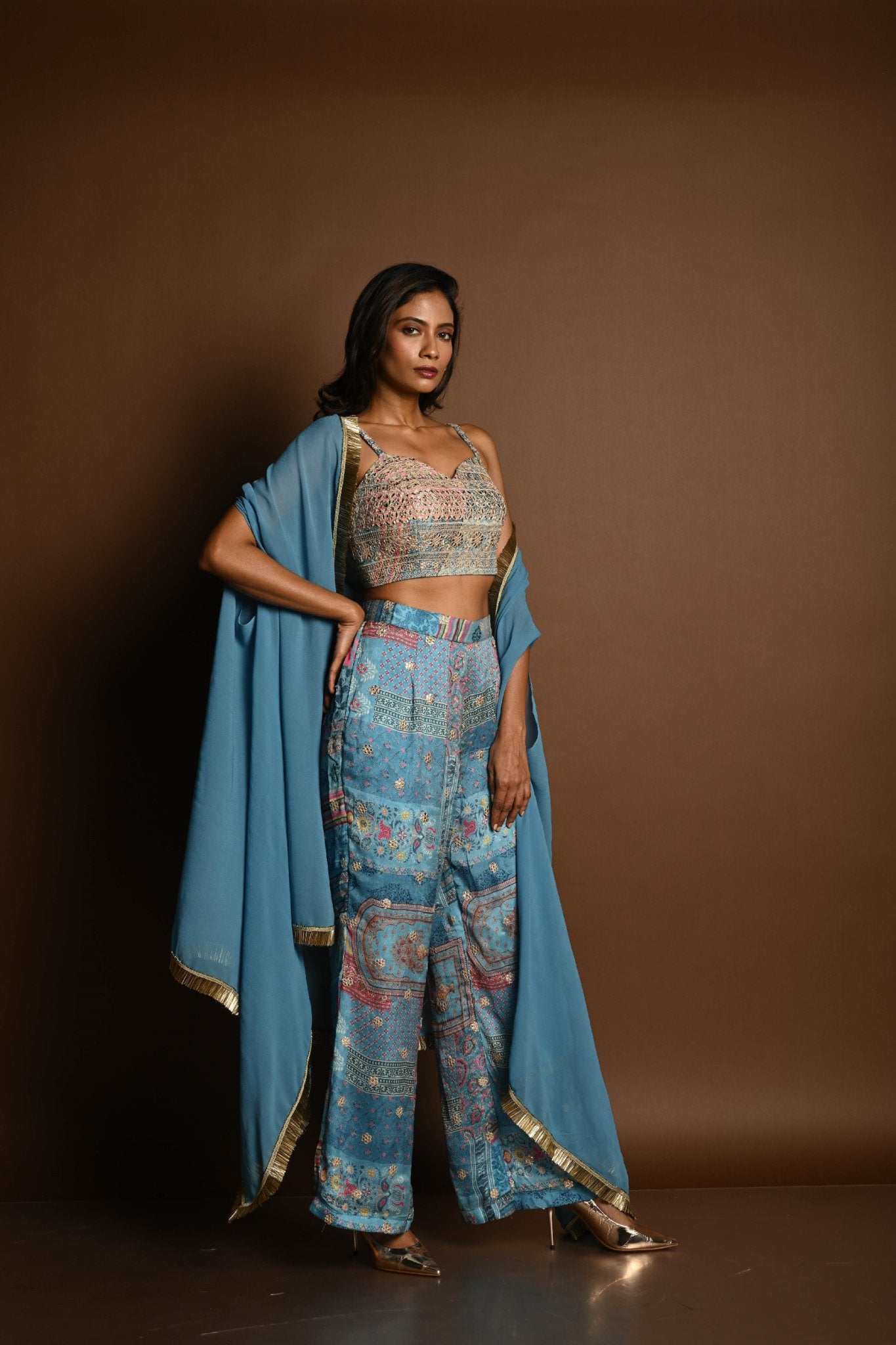 Blue Cape Set with Embroidered Crop Top and Printed Palazzo - Anvi Couture