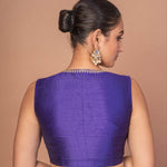 A Woman Wearing a Royal Blue V-Neckline Sleeveless Blouse with Embroidered Work: Anvi Couture - Image 3