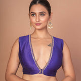 Woman Wearing a Royal Blue V-Neckline Sleeveless Blouse with Embroidered Work: Anvi Couture - Image 2