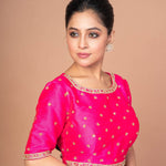Woman Dressed in Hot Pink Hand Embroidered Blouse in Raw Silk with Boat Neckline and Back cutout: Anvi Couture - Image 3