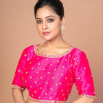 Woman Wearing a Hot Pink Hand Embroidered Blouse in Raw Silk with Boat Neckline and Back cutout: Anvi Couture - Image 2