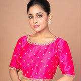 Woman Wearing a Hot Pink Hand Embroidered Blouse in Raw Silk with Boat Neckline and Back cutout: Anvi Couture - Image 2