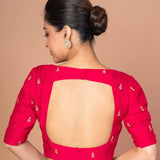 Woman Wearing a Dark Pink Boat Neck Raw Silk Blouse with Square Back cutout: Anvi Couture - Image 4