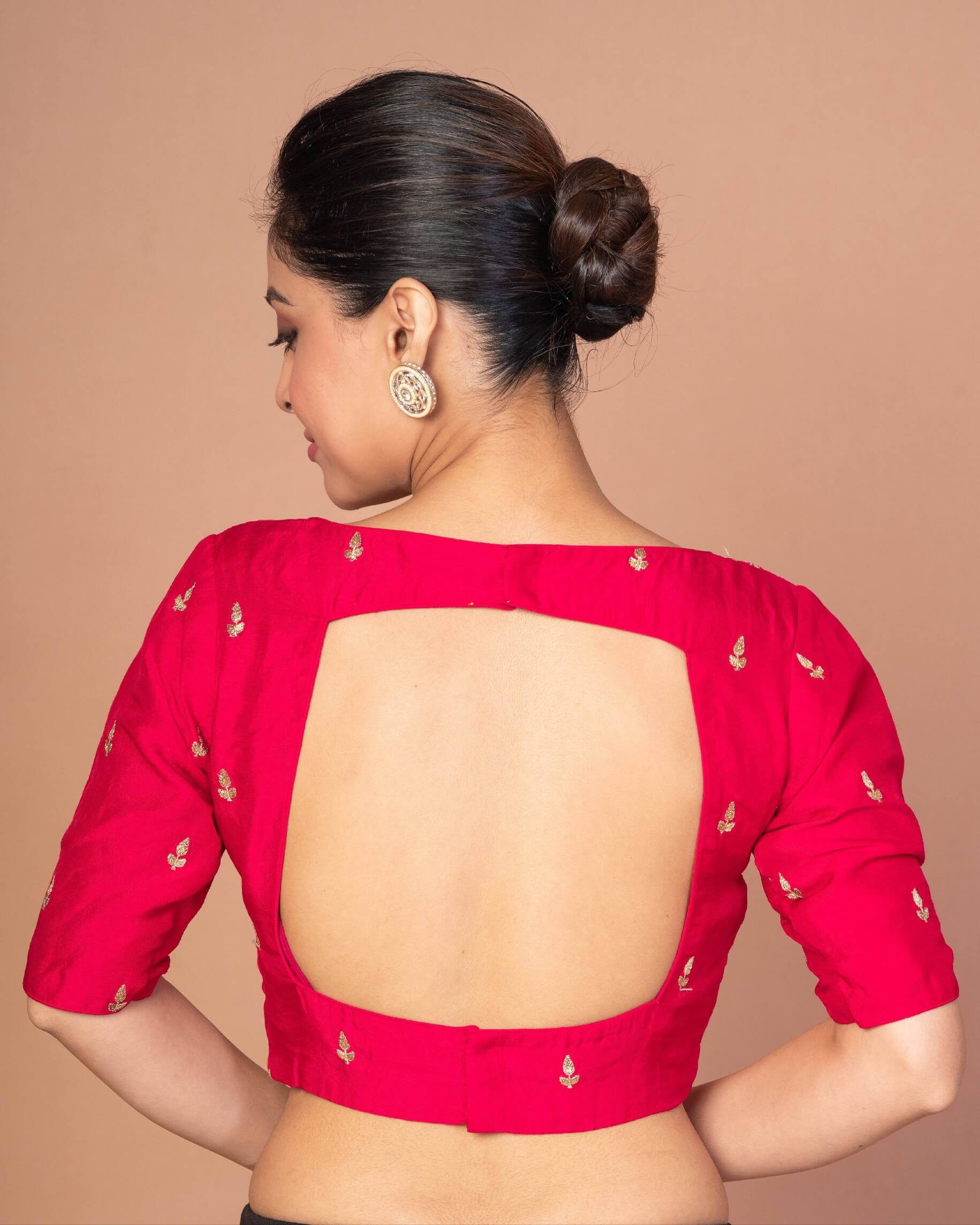 Woman Wearing a Dark Pink Boat Neck Raw Silk Blouse with Square Back cutout: Anvi Couture - Image 4
