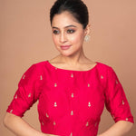 Woman Wearing a Dark Pink Boat Neck Raw Silk Blouse with Square Back cutout: Anvi Couture - Image 1