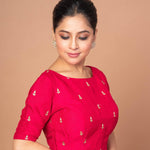 Woman Wearing a Dark Pink Boat Neck Raw Silk Blouse with Square Back cutout: Anvi Couture - Image 2