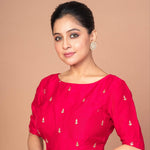 Woman Dressed in a Dark Pink Boat Neck Raw Silk Blouse with Square Back cutout: Anvi Couture - Image 3