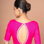 Rose Pink Silk blouse with Pearl Embroidered Work with Boat Neck and Back cutout: Shop Now - Anvi Couture - Image 4