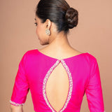 Rose Pink Silk blouse with Pearl Embroidered Work with Boat Neck and Back cutout: Shop Now - Anvi Couture - Image 4