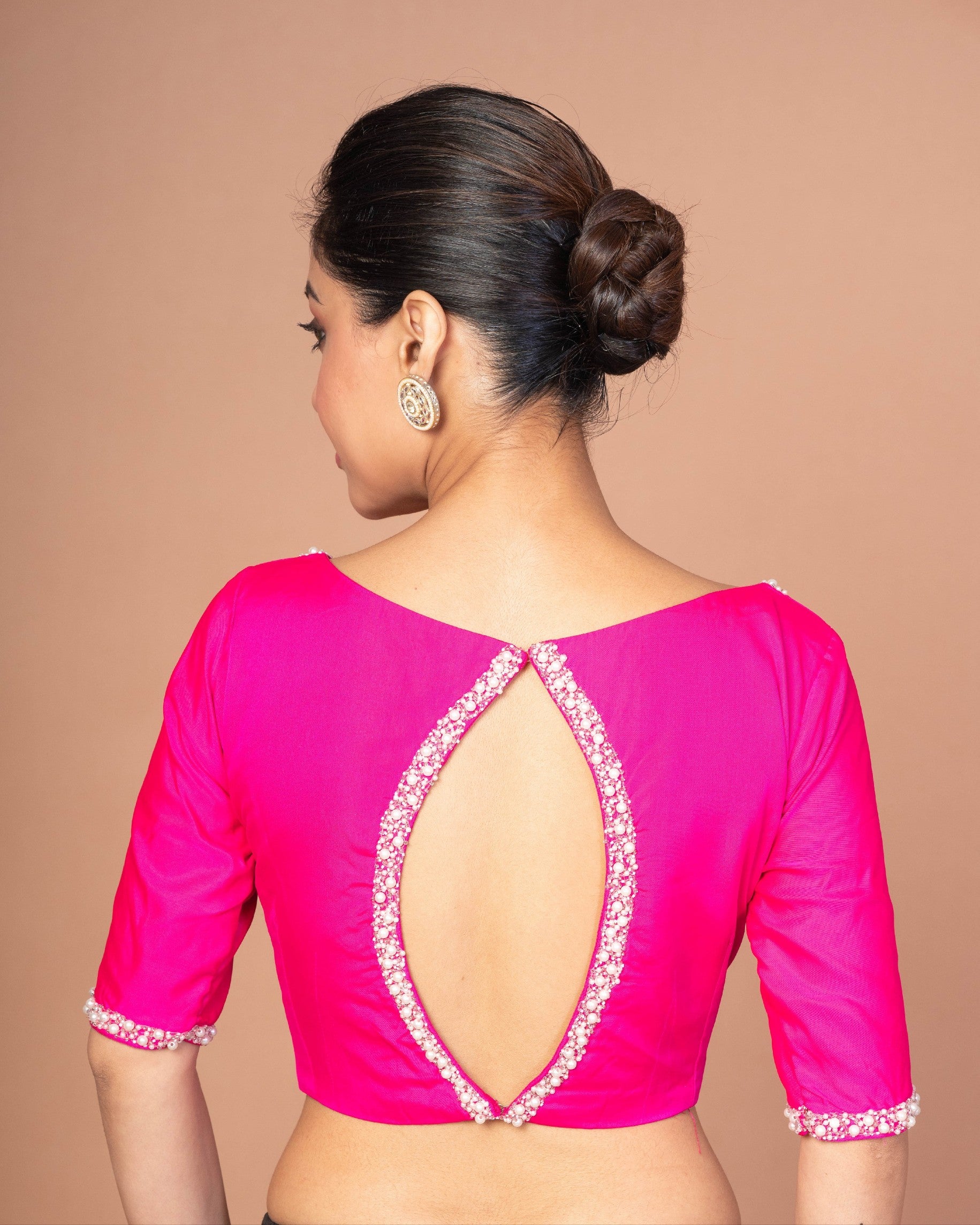 Rose Pink Silk blouse with Pearl Embroidered Work with Boat Neck and Back cutout: Shop Now - Anvi Couture - Image 4