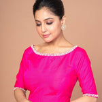 Woman Dressed in a Rose Pink Silk blouse with Pearl Embroidered Work with Boat Neck and Back cutout: Anvi Couture - Image 3