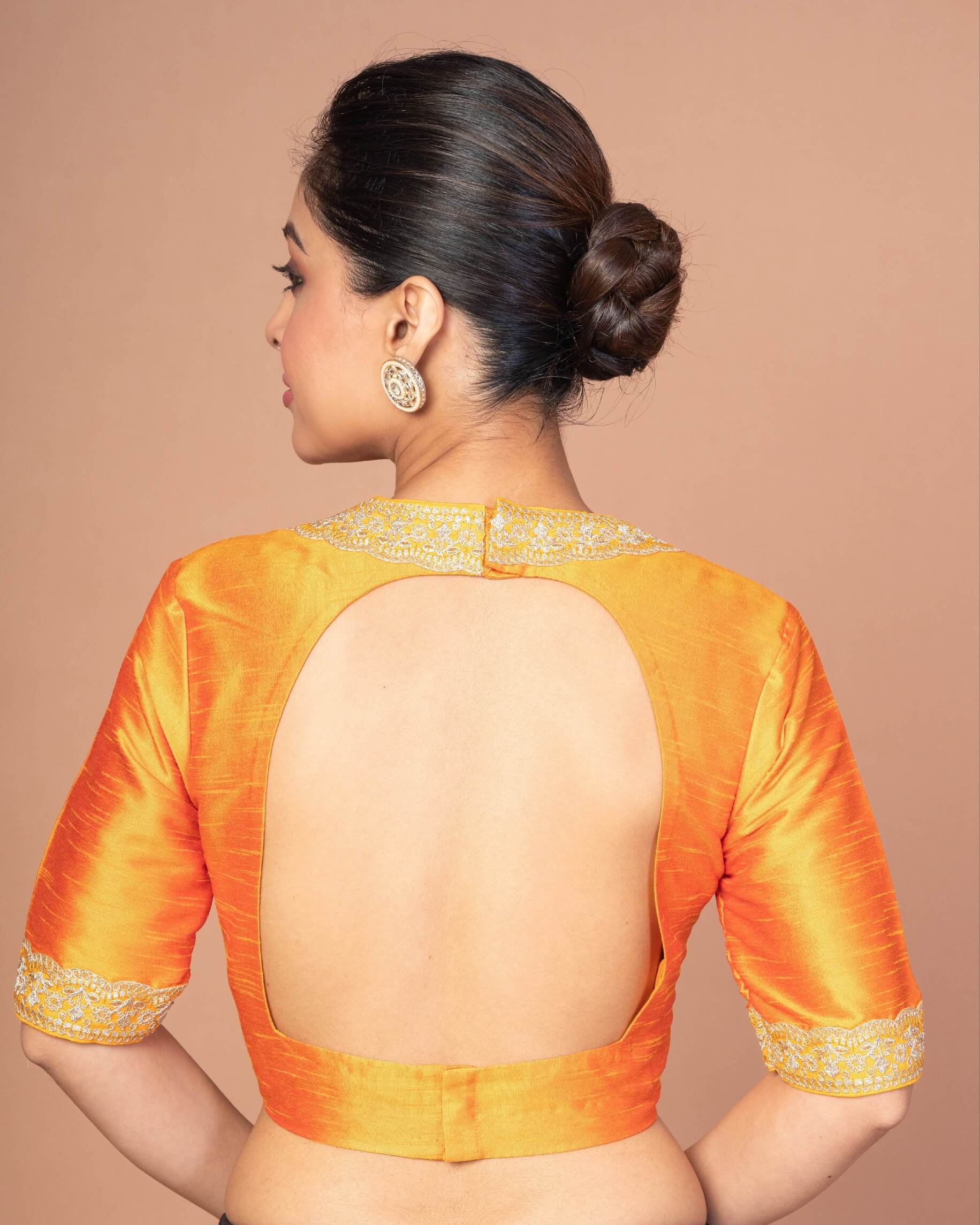Raw Silk Yellow Blouse in Halter Square Neckline with Hand Embroidered Work - Anvi Couture