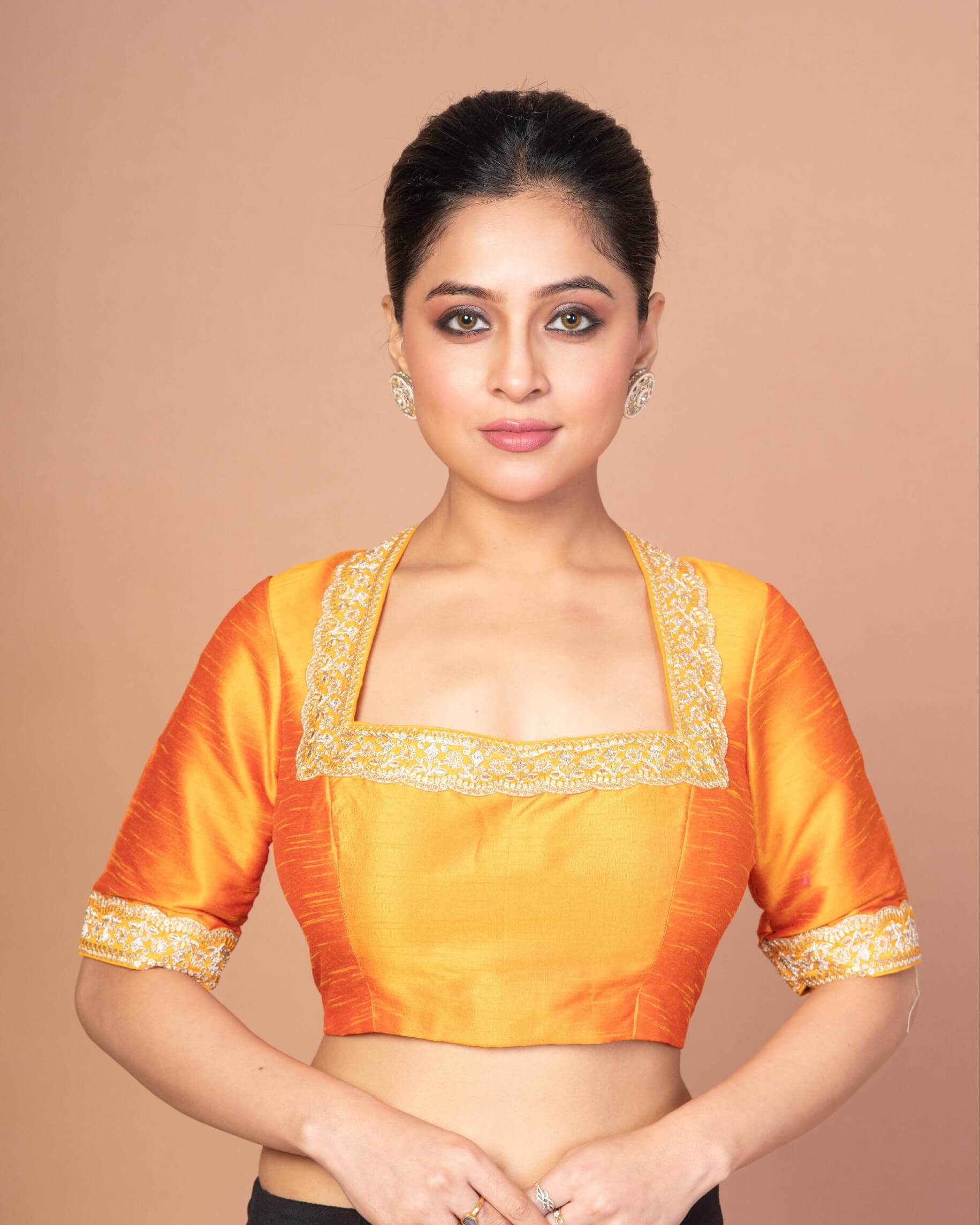 Raw Silk Yellow Blouse in Halter Square Neckline with Hand Embroidered Work - Anvi Couture