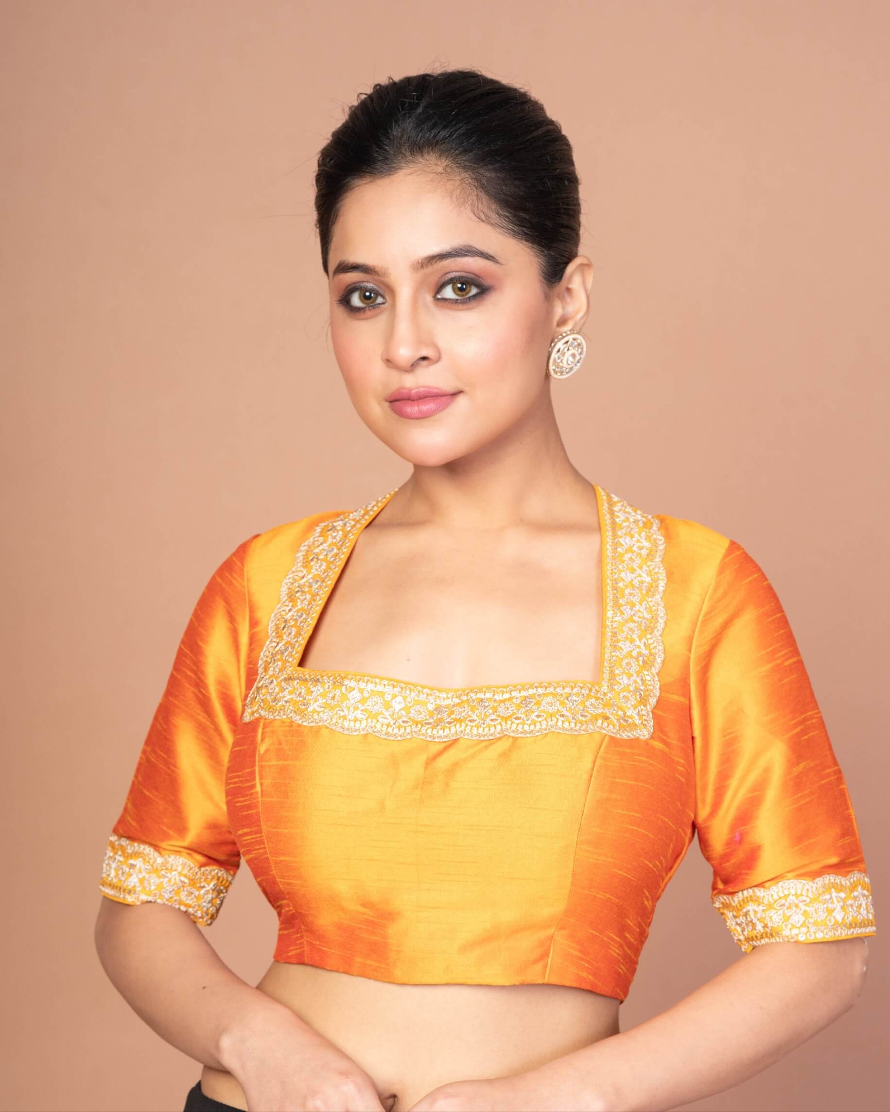 Raw Silk Yellow Blouse in Halter Square Neckline with Hand Embroidered Work - Anvi Couture