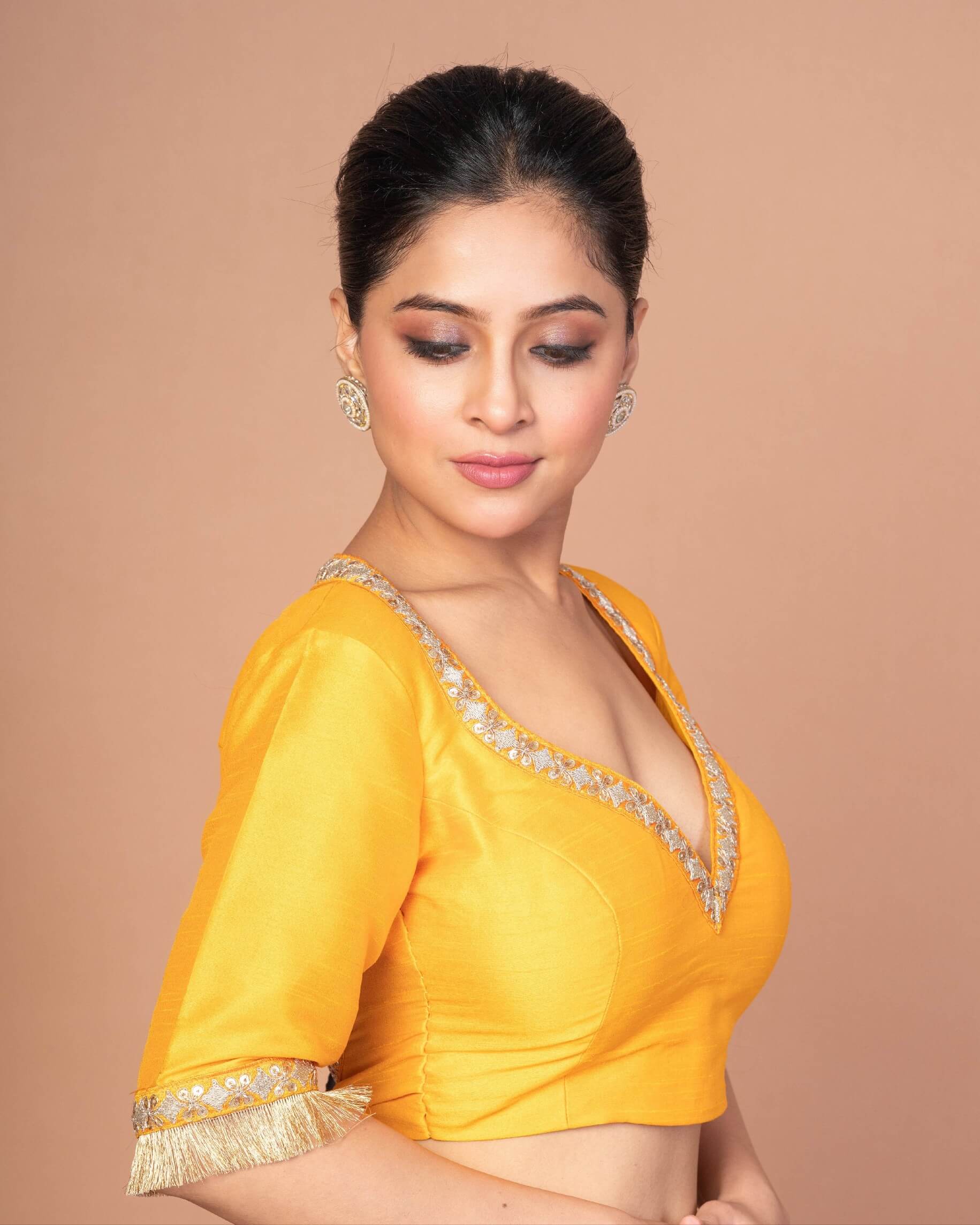 Yellow Raw Silk Blouse with Round Net Embroidered Work in Back and Sweetheart - Anvi Couture