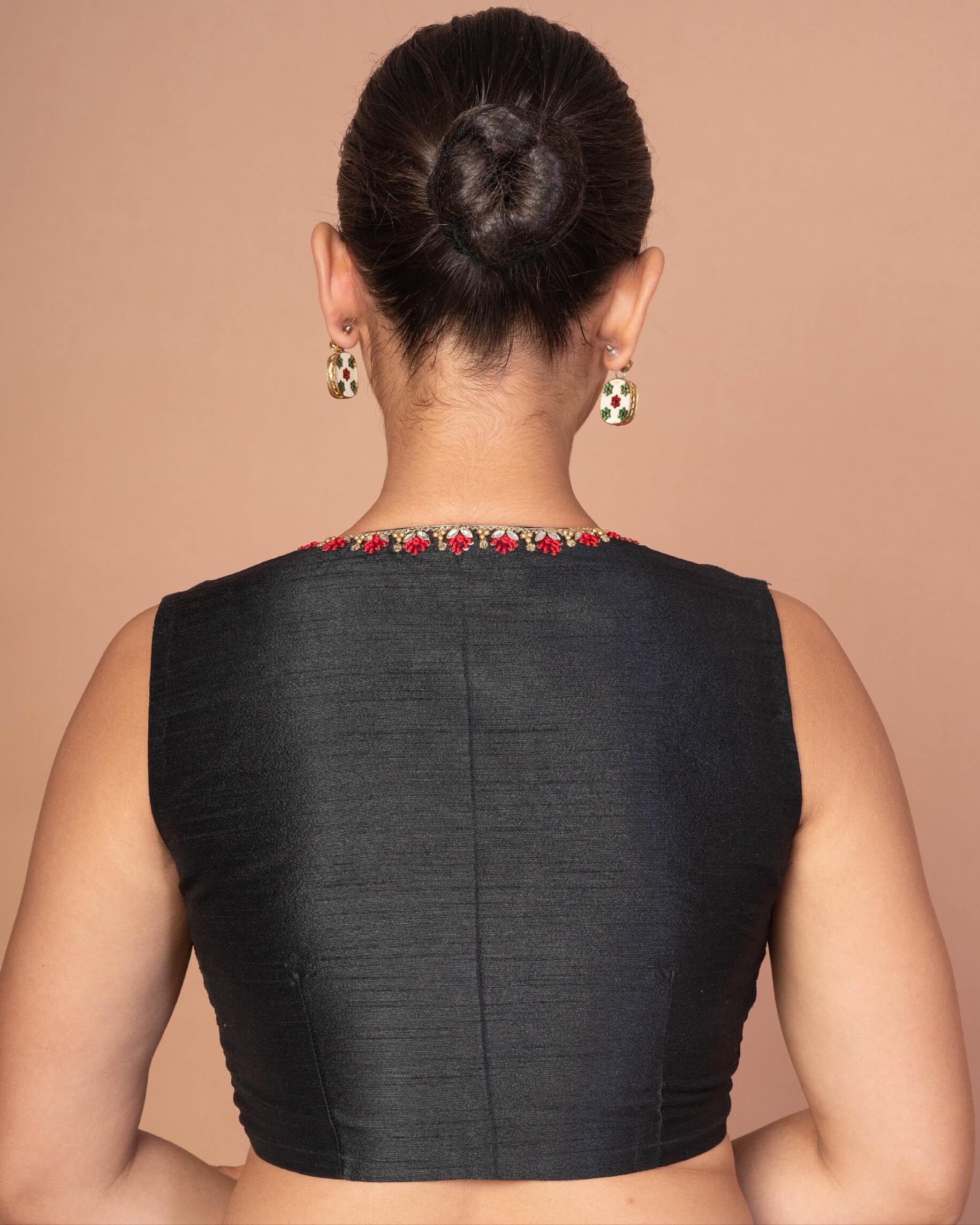 Black Raw silk Blouse with Deep V Neckline with Red and Gold Embroidered Work - Anvi Couture