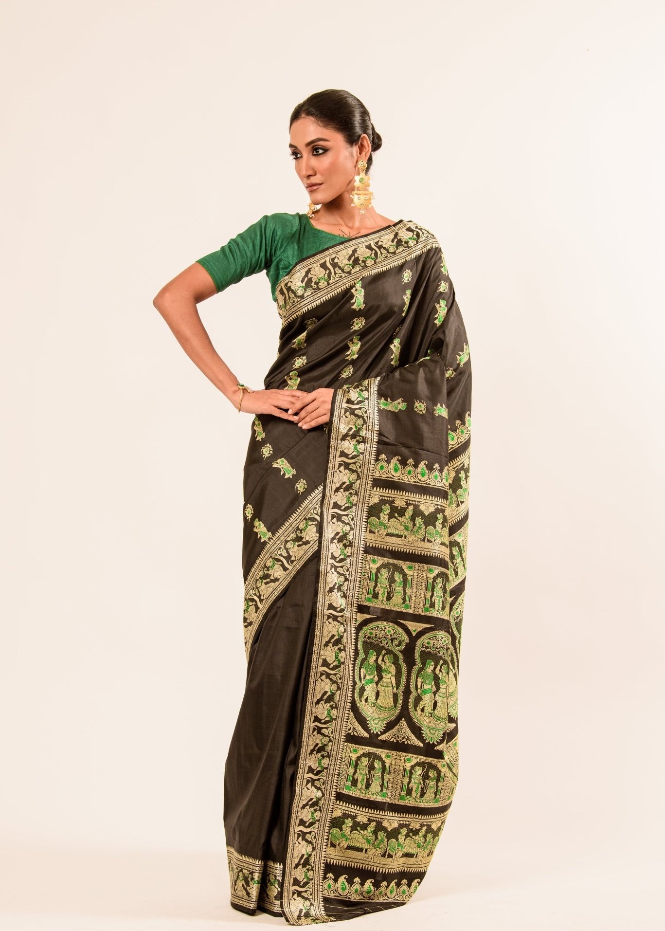 Authentic Black Baluchari Silk Saree in handwoven Minakari work - Anvi Couture