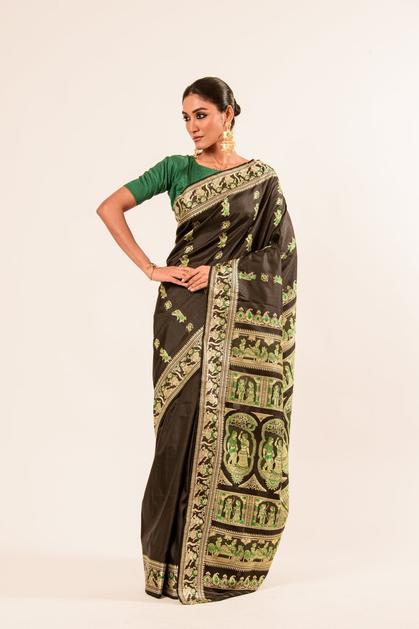 Authentic Black Baluchari Silk Saree in handwoven Minakari work - Anvi Couture