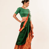 Dark green Pure Mangalgiri Handloom Cotton Silk Saree in Orange and Gold Border - Image 2