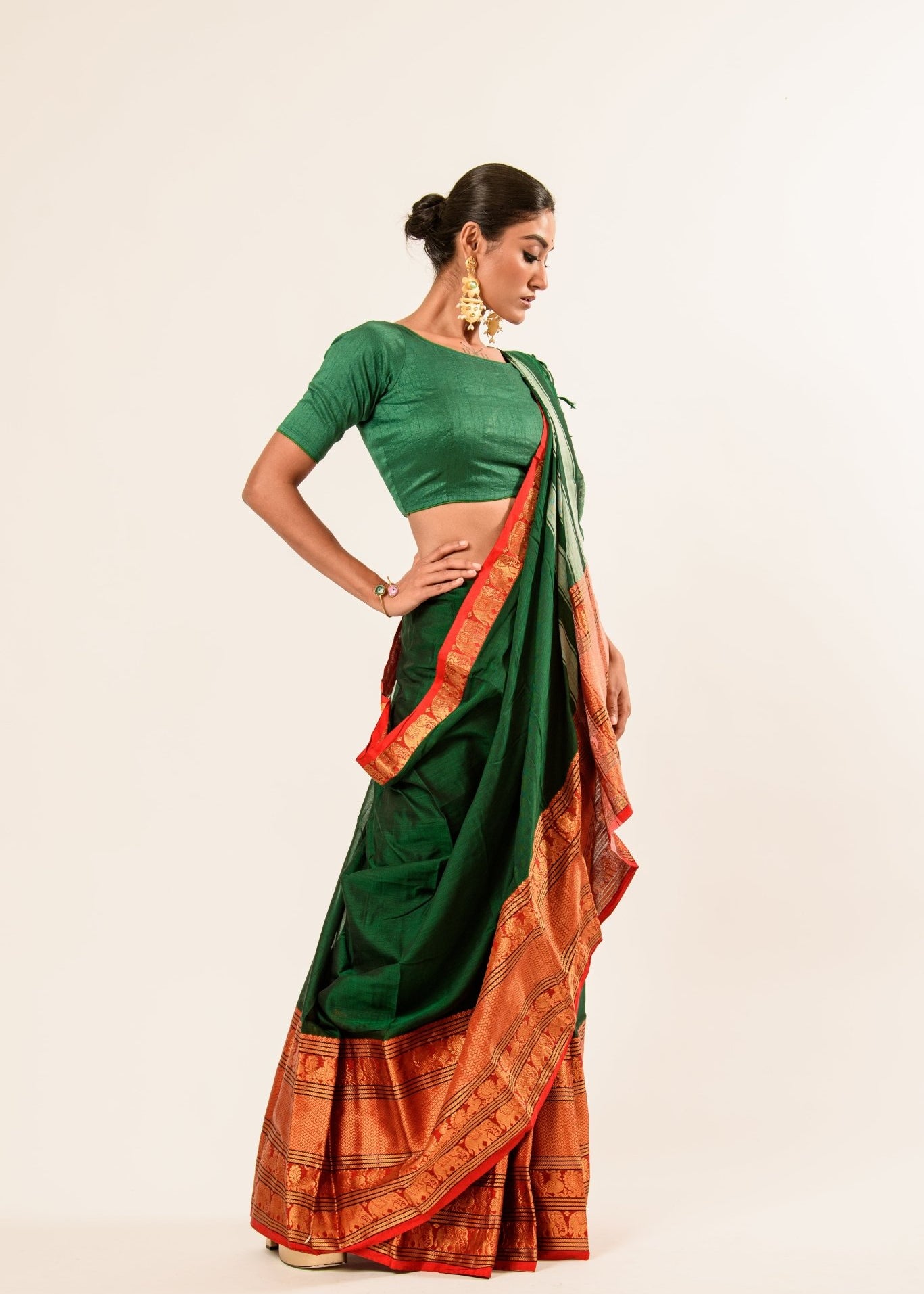 Dark green Pure Mangalgiri Handloom Cotton Silk Saree in Orange and Gold Border - Anvi Couture