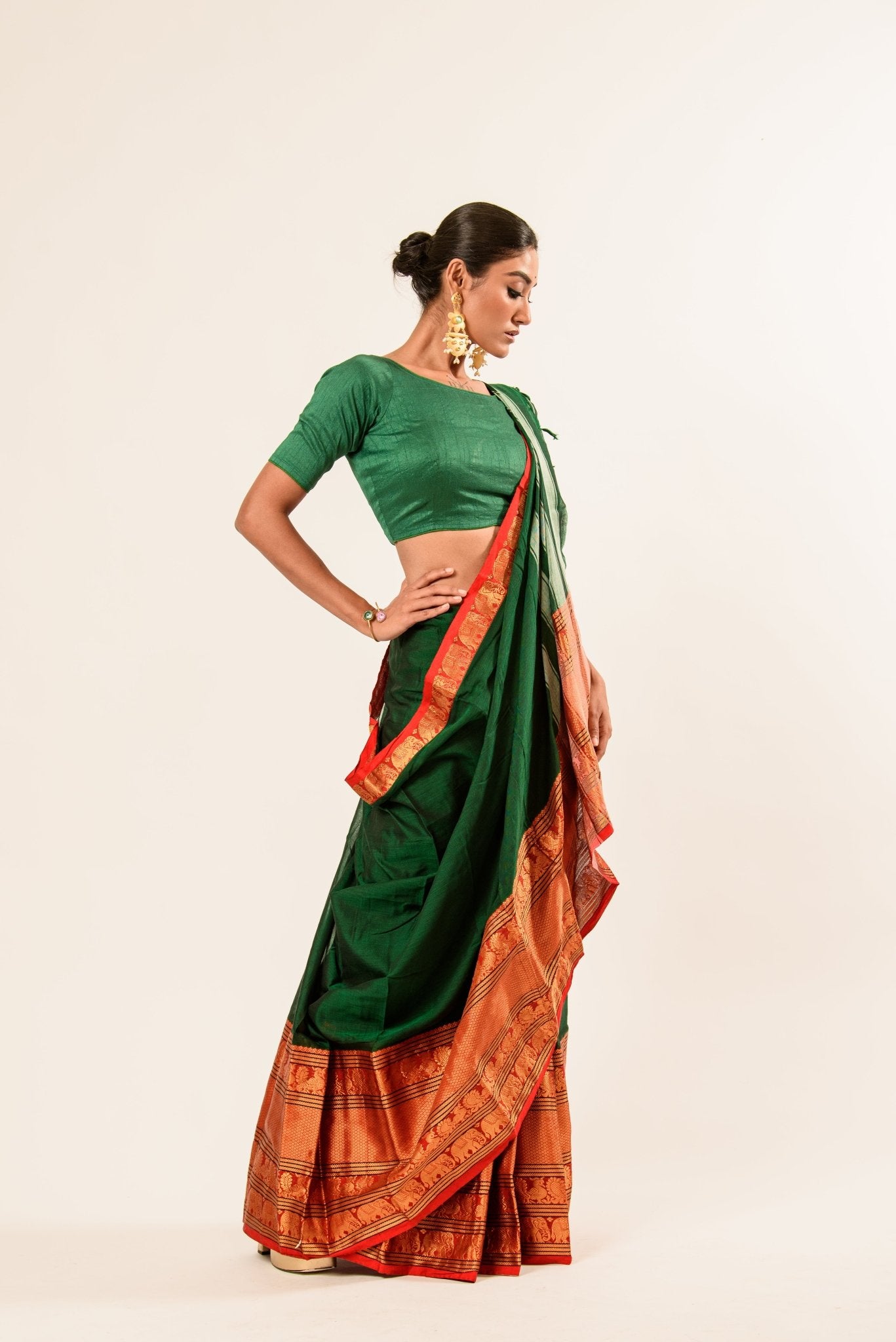 Dark green Pure Mangalgiri Handloom Cotton Silk Saree in Orange and Gold Border - Anvi Couture