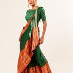 Dark green Pure Mangalgiri Handloom Cotton Silk Saree in Orange and Gold Border - Image 1