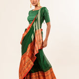 Dark green Pure Mangalgiri Handloom Cotton Silk Saree in Orange and Gold Border - Anvi Couture