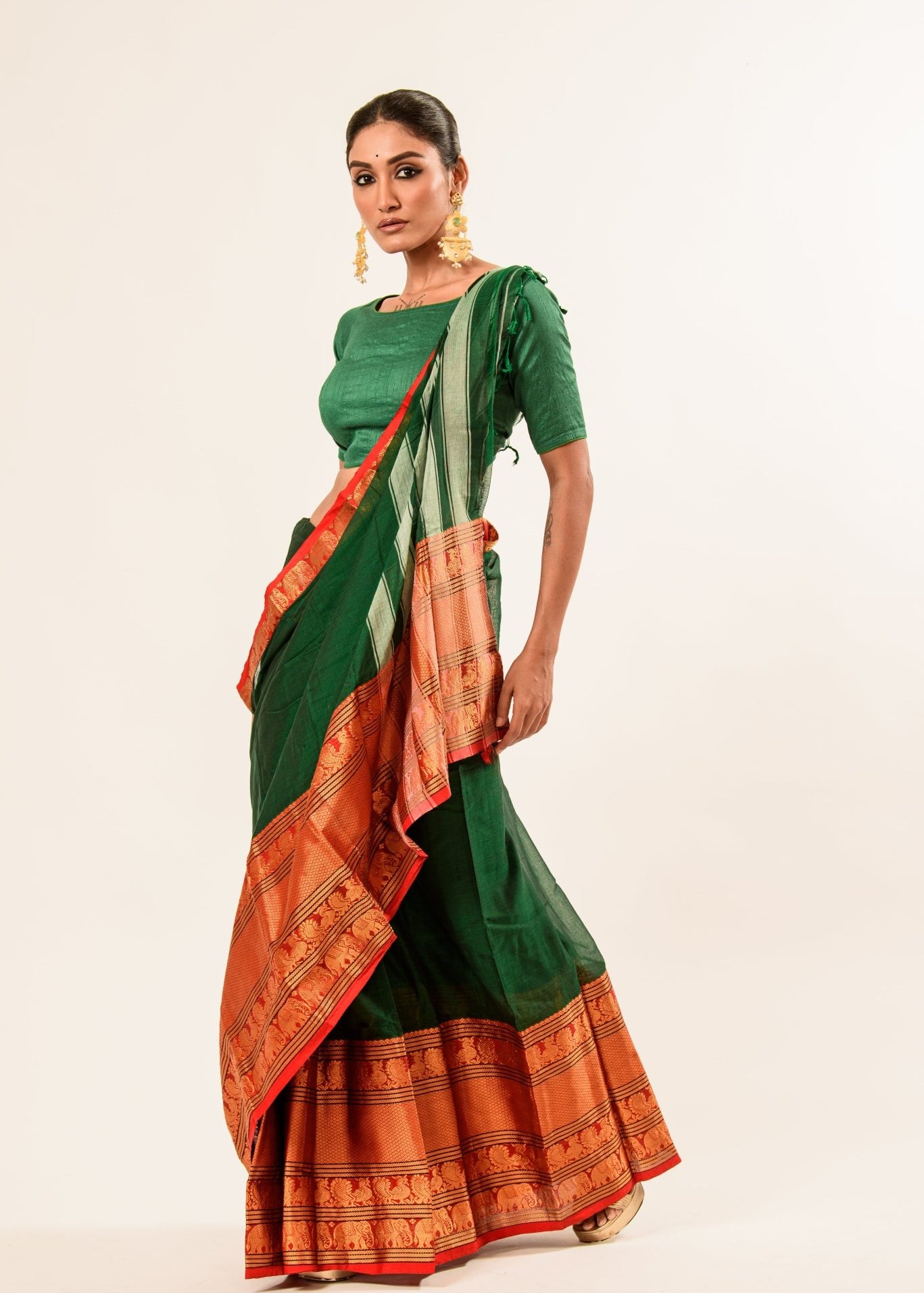 Dark green Pure Mangalgiri Handloom Cotton Silk Saree in Orange and Gold Border - Anvi Couture