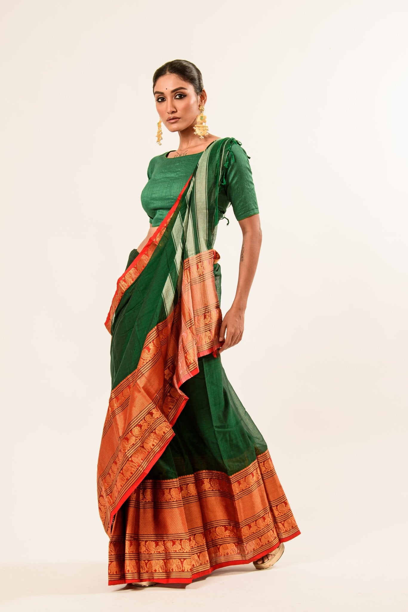 Dark green Pure Mangalgiri Handloom Cotton Silk Saree in Orange and Gold Border - Image 1