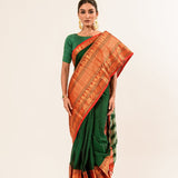 Dark green Pure Mangalgiri Handloom Cotton Silk Saree in Orange and Gold Border - Image 3