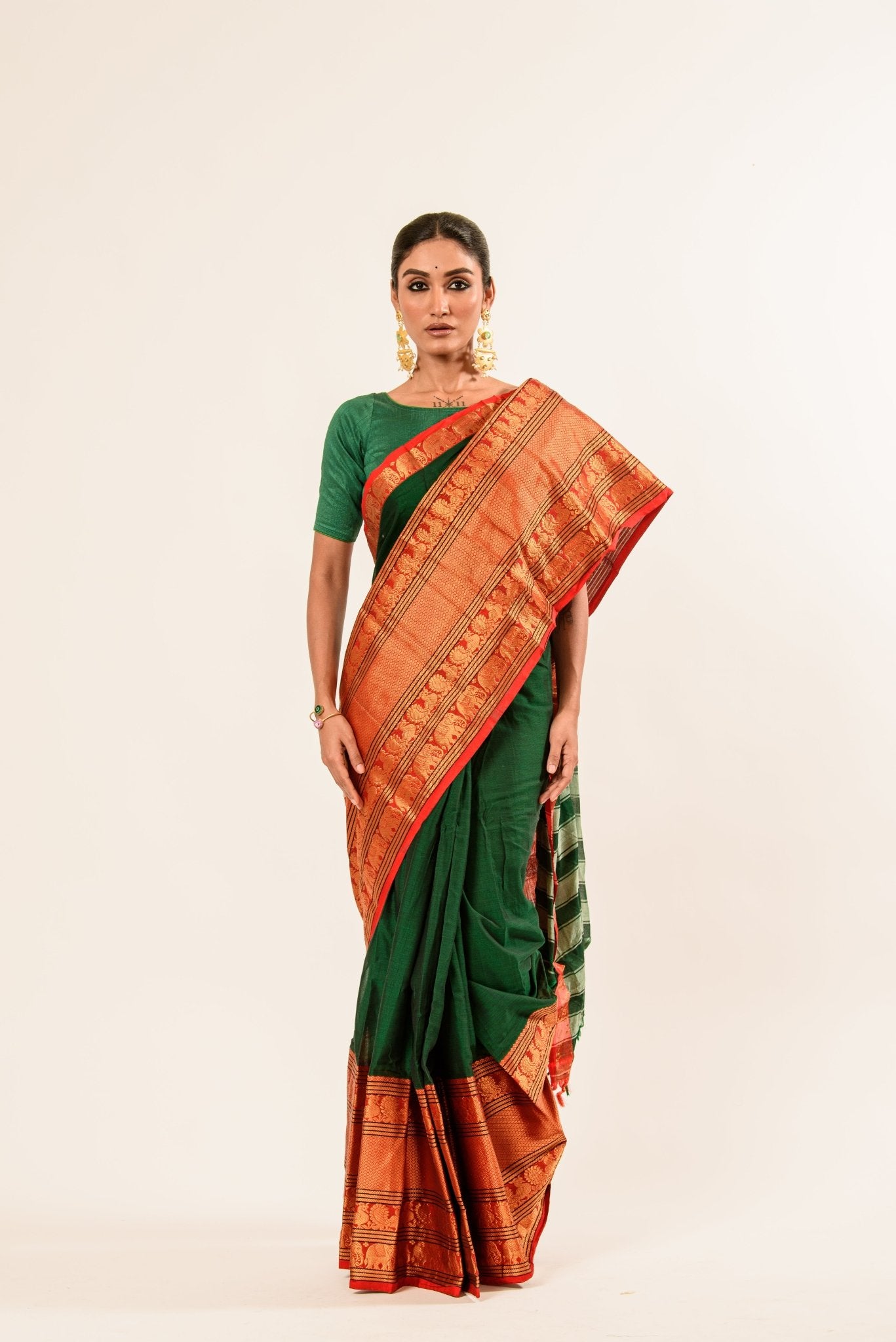 Dark green Pure Mangalgiri Handloom Cotton Silk Saree in Orange and Gold Border - Anvi Couture