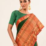 Dark green Pure Mangalgiri Handloom Cotton Silk Saree in Orange and Gold Border - Anvi Couture