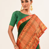 Dark green Pure Mangalgiri Handloom Cotton Silk Saree in Orange and Gold Border - Anvi Couture