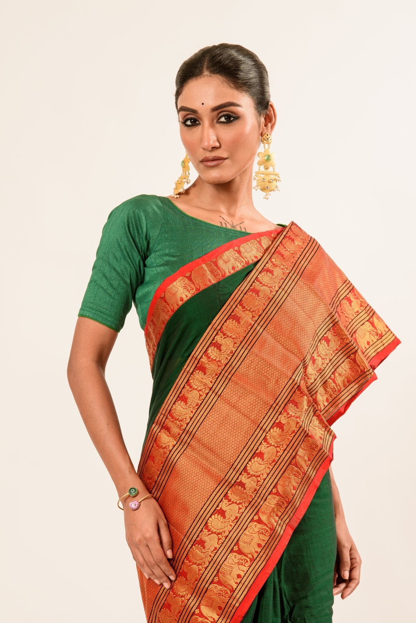 Dark green Pure Mangalgiri Handloom Cotton Silk Saree in Orange and Gold Border - Anvi Couture