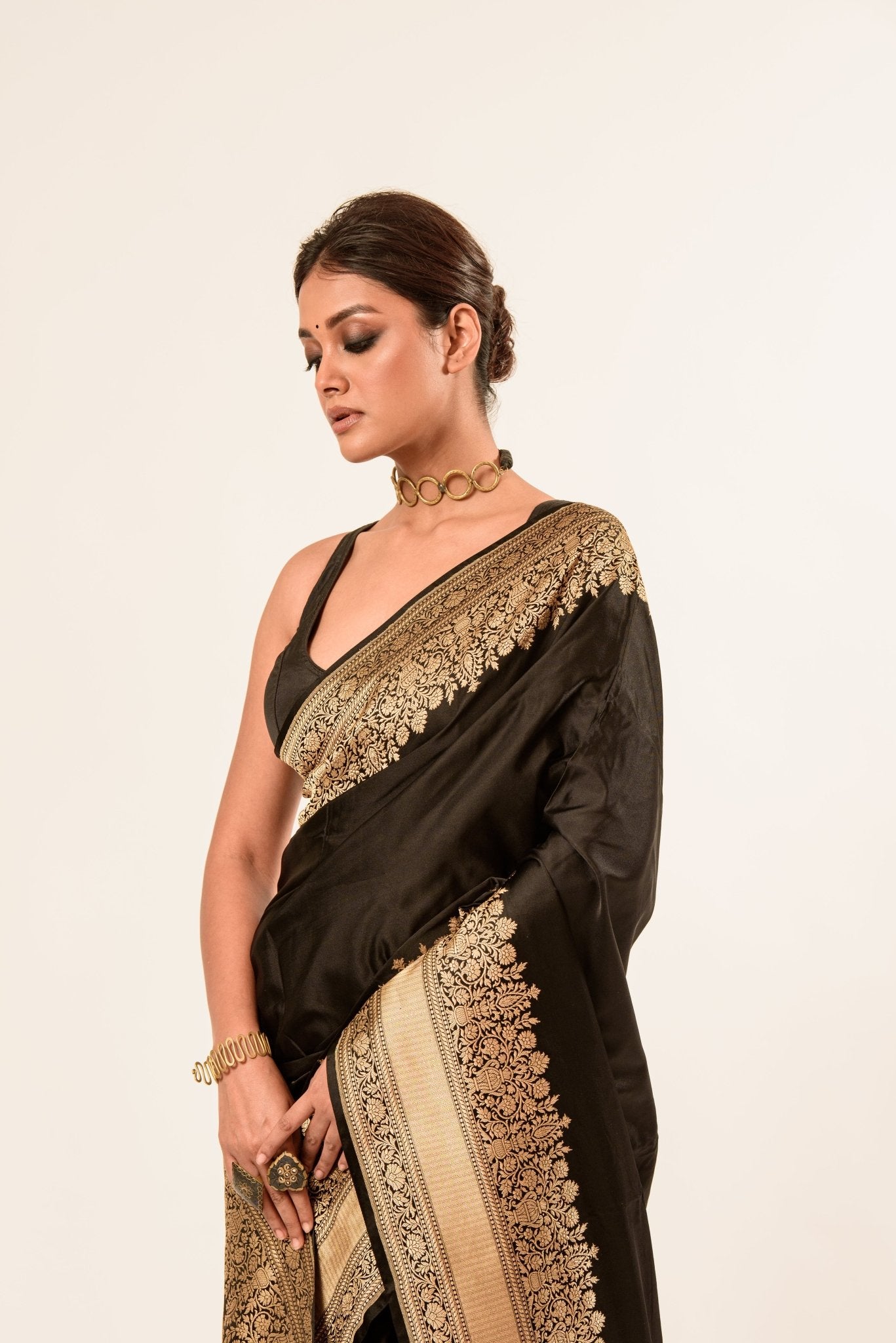 Gold Broad Border Katan Silk Handwoven Banarasi Saree - Anvi Couture